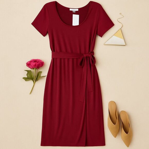 Peruvian Connection Knit Midi Dress Belted Scoop Neck Minimalist Red Size Large - Picture 2 of 9